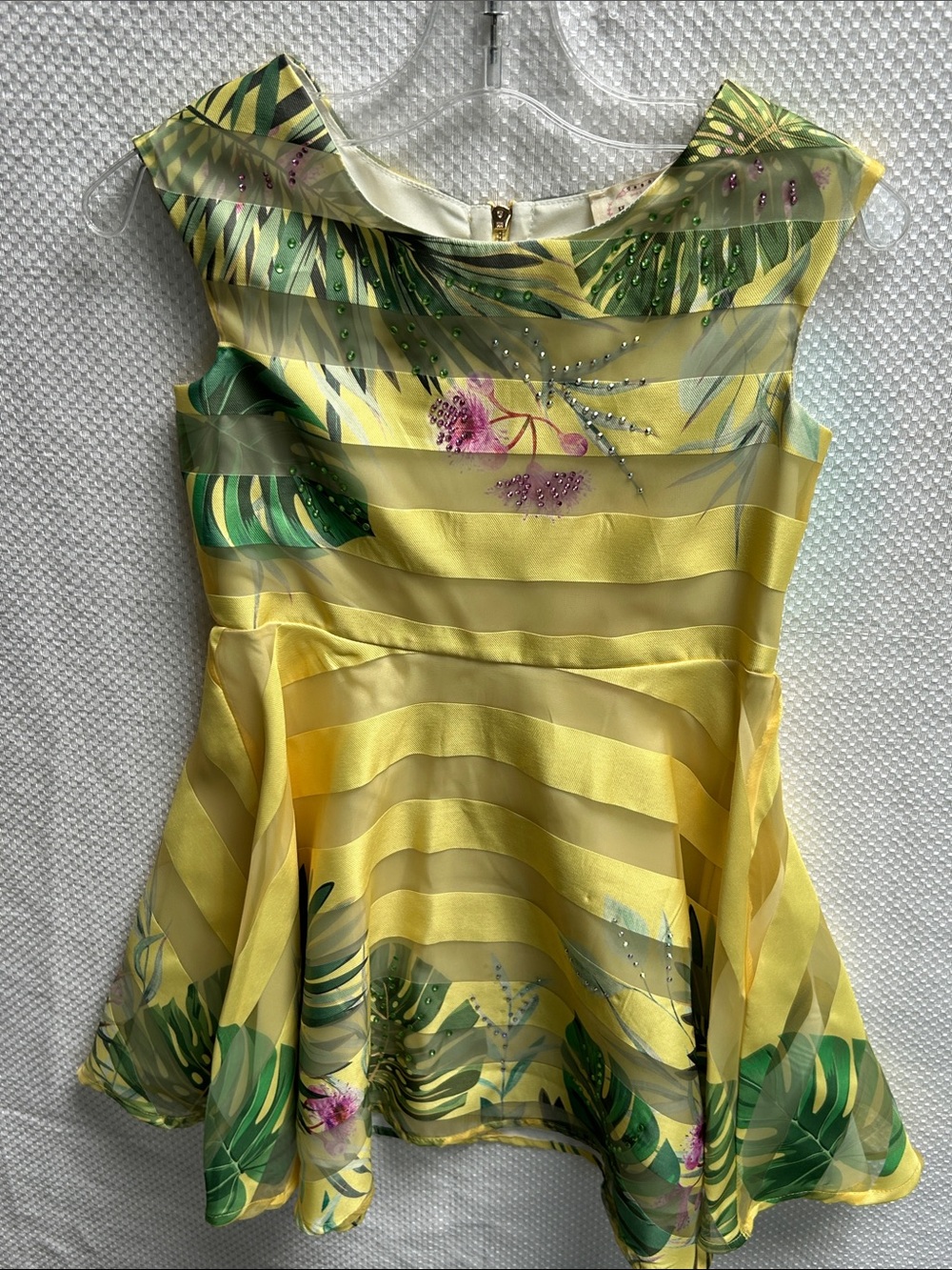 Yellow Tropical Print Fit-and-Flare Dress with multi colored Rhinestones. NWT.